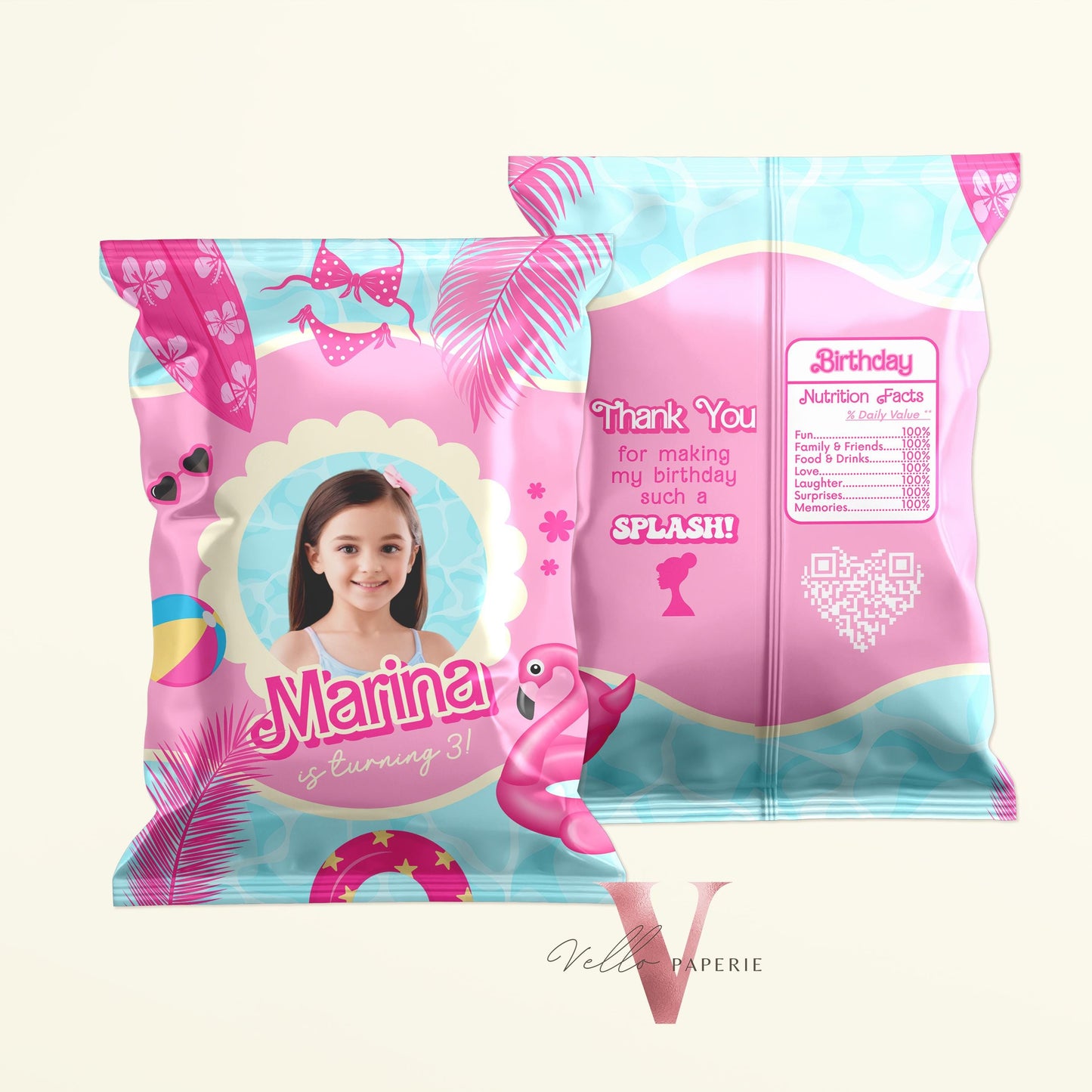 Photo Pink Doll Pool Birthday Party Favors | Malibu Pool Party Decor | Pink Blue Pool Malibu Chips Bag Snack Bag  PDP01