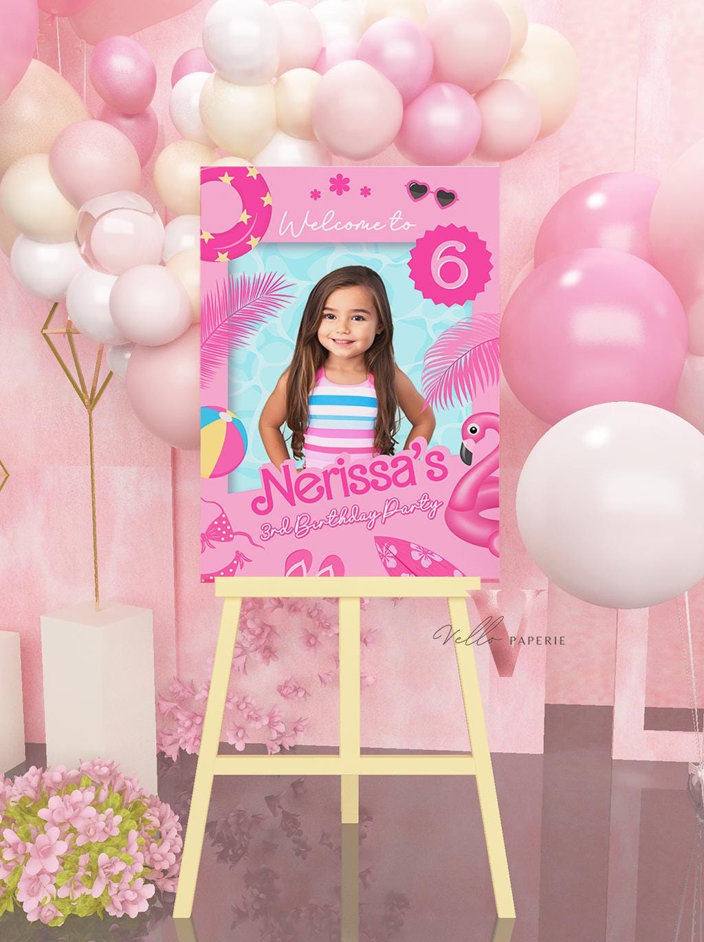 Photo Pink Doll Pool Birthday Welcome Sign | Editable Malibu Pool Party Decor Sign | Pink Blue Malibu Come On Lets Go Party Favors Sign