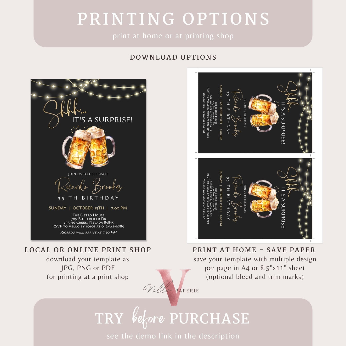 Beer Surprise Birthday Party Invitation | 30th 40th 50th Adult Birthday Invite | Self Editable Gold Black Adult Printable Instant Template