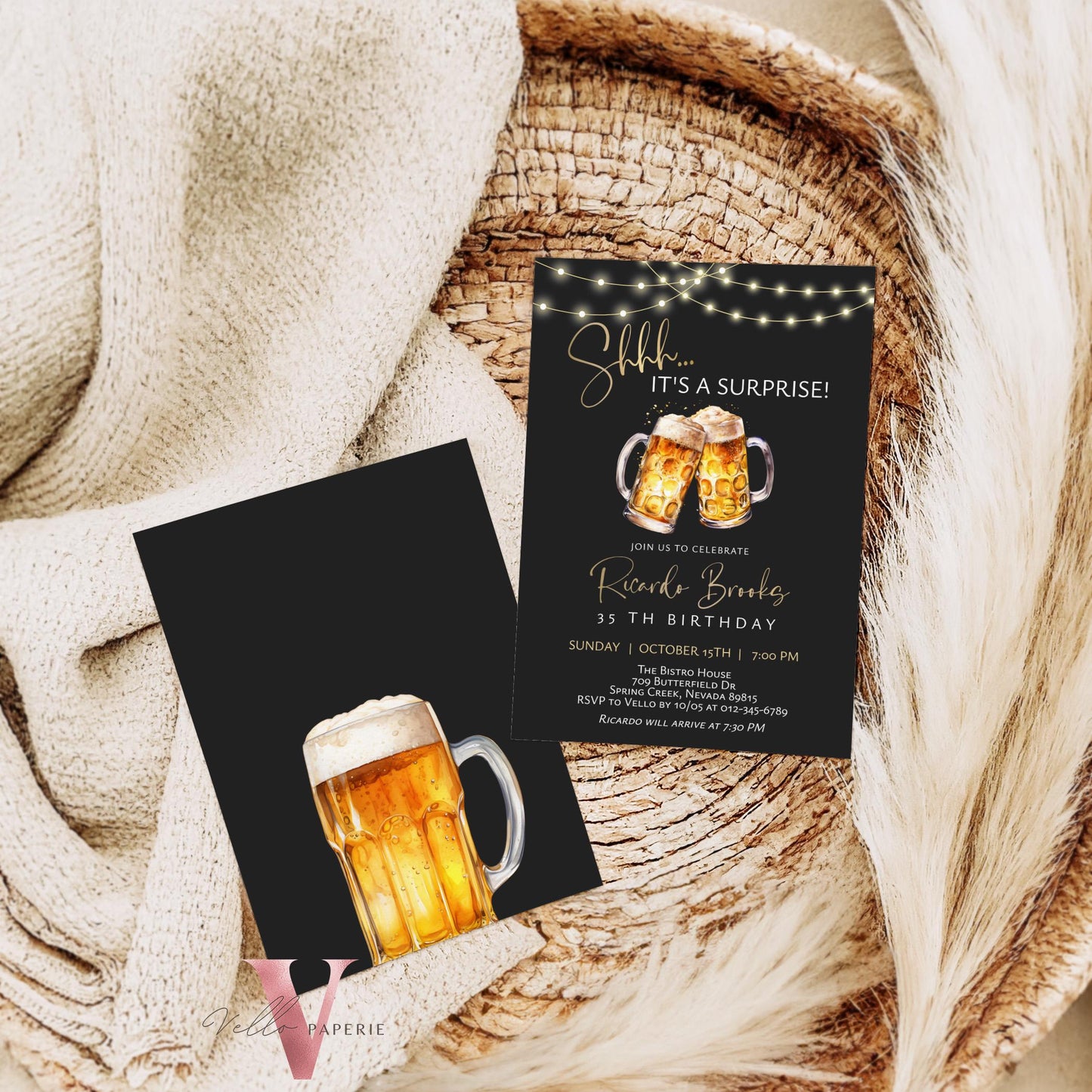 Beer Surprise Birthday Party Invitation | 30th 40th 50th Adult Birthday Invite | Self Editable Gold Black Adult Printable Instant Template