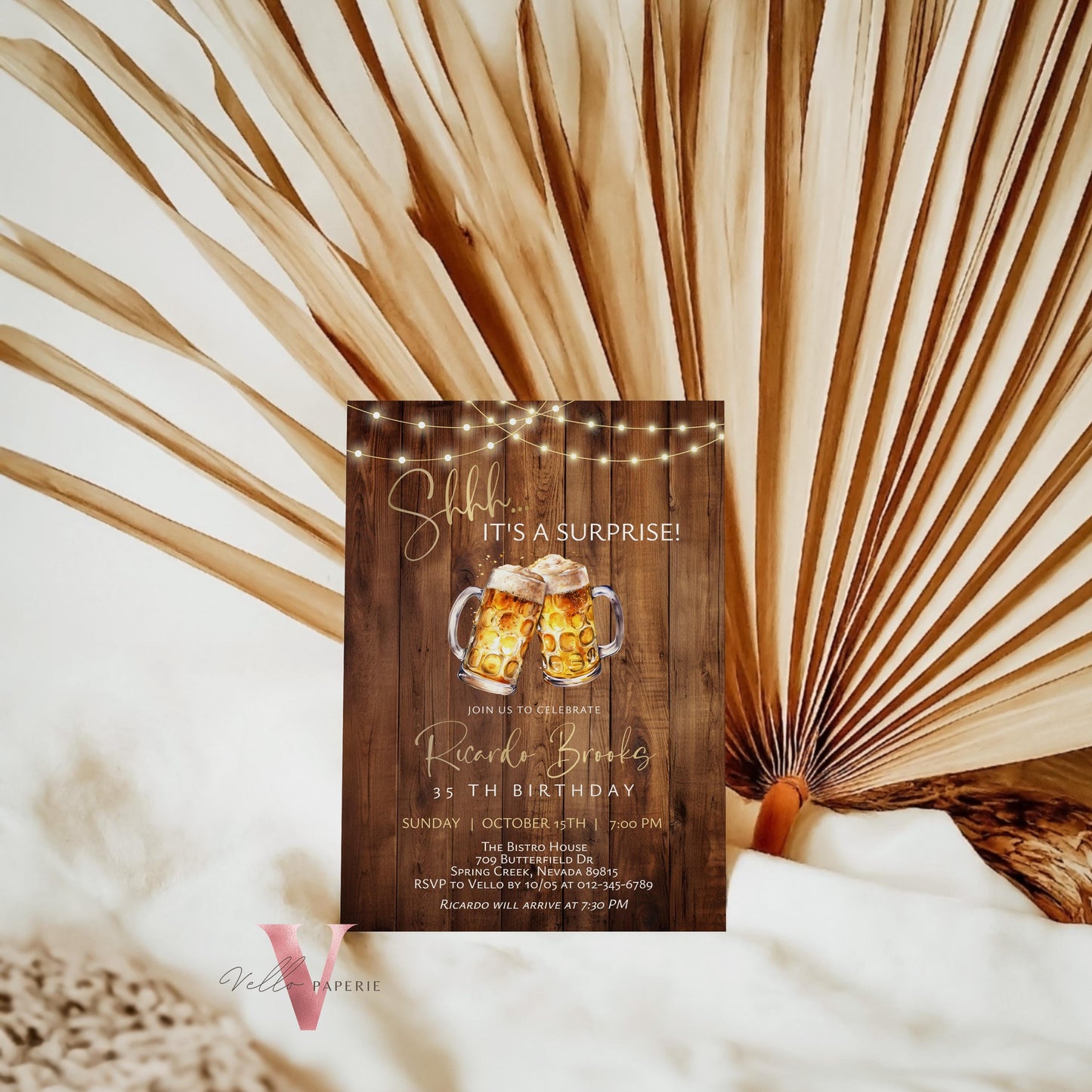 Beer Surprise Birthday Party Invitation | 30th 40th 50th Adult Birthday Invite | Self Editable Wooden Gold Adult Printable Instant Template