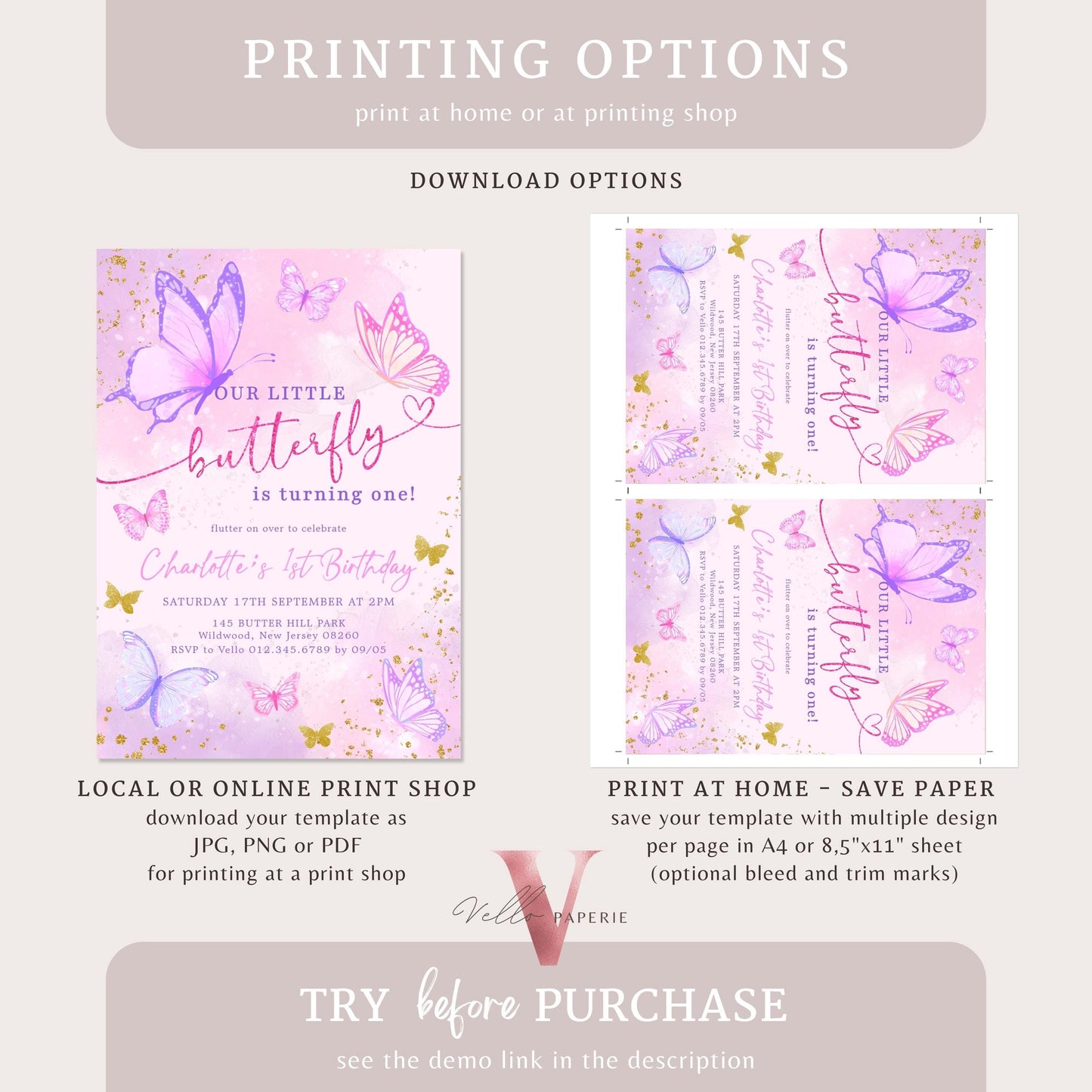 Pink Purple Glitter Watercolor Butterfly Birthday Party Invitation | A little Butterfly ANY AGE Party Invite | Pink Gold Sparkle Butterfly