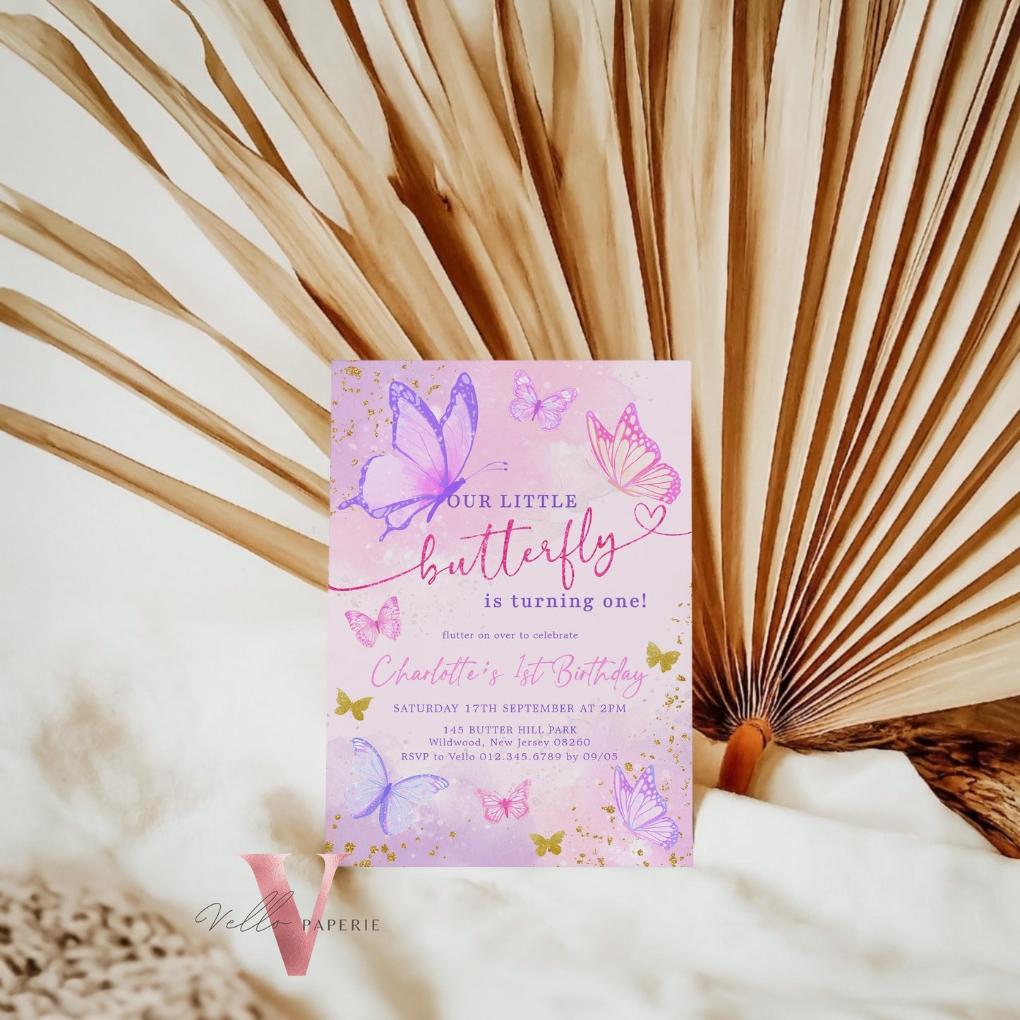 Pink Purple Glitter Watercolor Butterfly Birthday Party Invitation | A little Butterfly ANY AGE Party Invite | Pink Gold Sparkle Butterfly