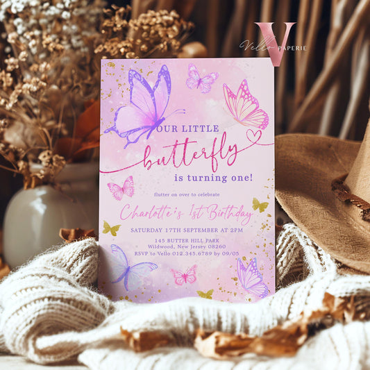 Pink Purple Glitter Watercolor Butterfly Birthday Party Invitation | A little Butterfly ANY AGE Party Invite | Pink Gold Sparkle Butterfly