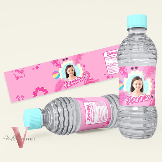 Photo Pink Doll Pool Birthday Water Bottle Label | Malibu Pool Party Decor | Pink Blue Malibu Party Favors | Pool Party Drink Label PDP01