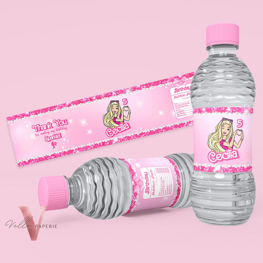 Hot Pink Doll Cartoon Birthday Water Bottle Label  | Sparkle Pink Doll Party Decor | Glitter Glam Pink Bottle Label Instant Download