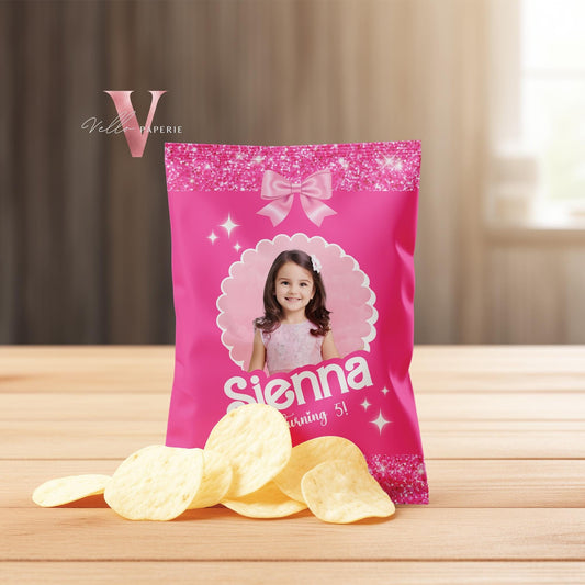 Selfie Photo Pink Doll Birthday Chips Bag | Sparkle Hot Pink Party Cheetos | Glitter Hot Pink Snack Bag with photo  HPD01