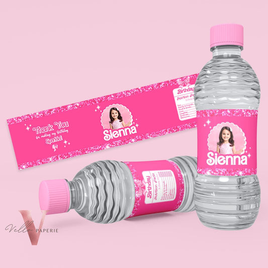 Photo Pink Doll Birthday Water Bottle Label | Sparkle Hot Pink Party Decor with Photo | Glitter Hot Pink Bottle Label Instant Download HPD01