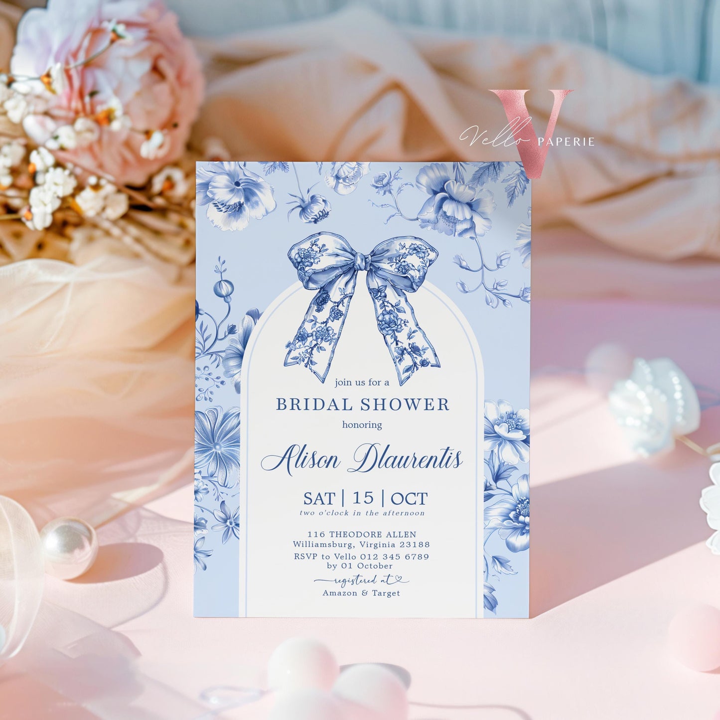 Something Blue before I DO Bridal Shower Party Invitation | Blue Toile de Juoy Flower Invite | Arch Vintage Blue Botanical BridetoBe Instant