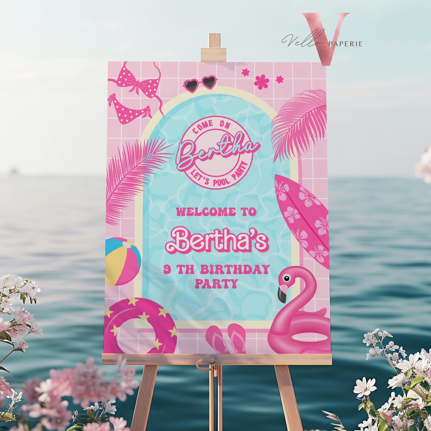 Pink Doll Pool Birthday Welcome Sign | Editable Malibu Pool Party Decor Sign | Pink Blue Malibu Come On Lets Go Party Favors   PDP01