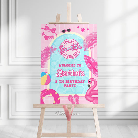 Pink Doll Pool Birthday Welcome Sign | Editable Malibu Pool Party Decor Sign | Pink Blue Malibu Come On Lets Go Party Favors   PDP01