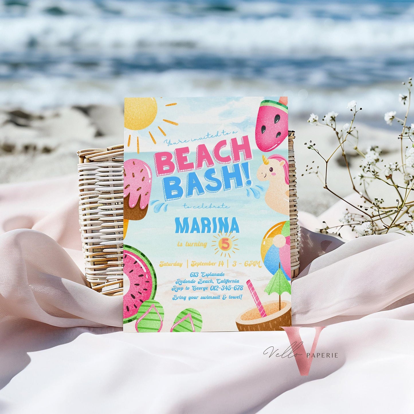 Fresh Beach Bash Birthday Party Invitation | Watercolor Summer Beach Party Invite | Vibrant Fun Beach Party Invite Teen Birthday Bash