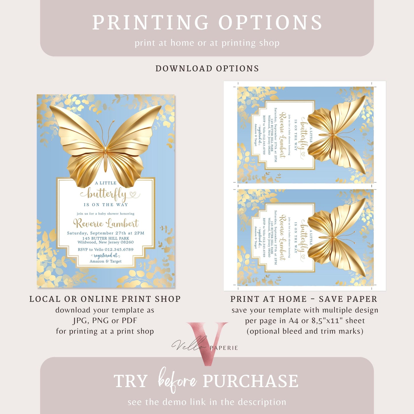 Blue Gold Butterfly Baby Shower Party Invitation | Little butterfly is on the way Baby Party Invite | Minimal Blue Gold Butterfly Template