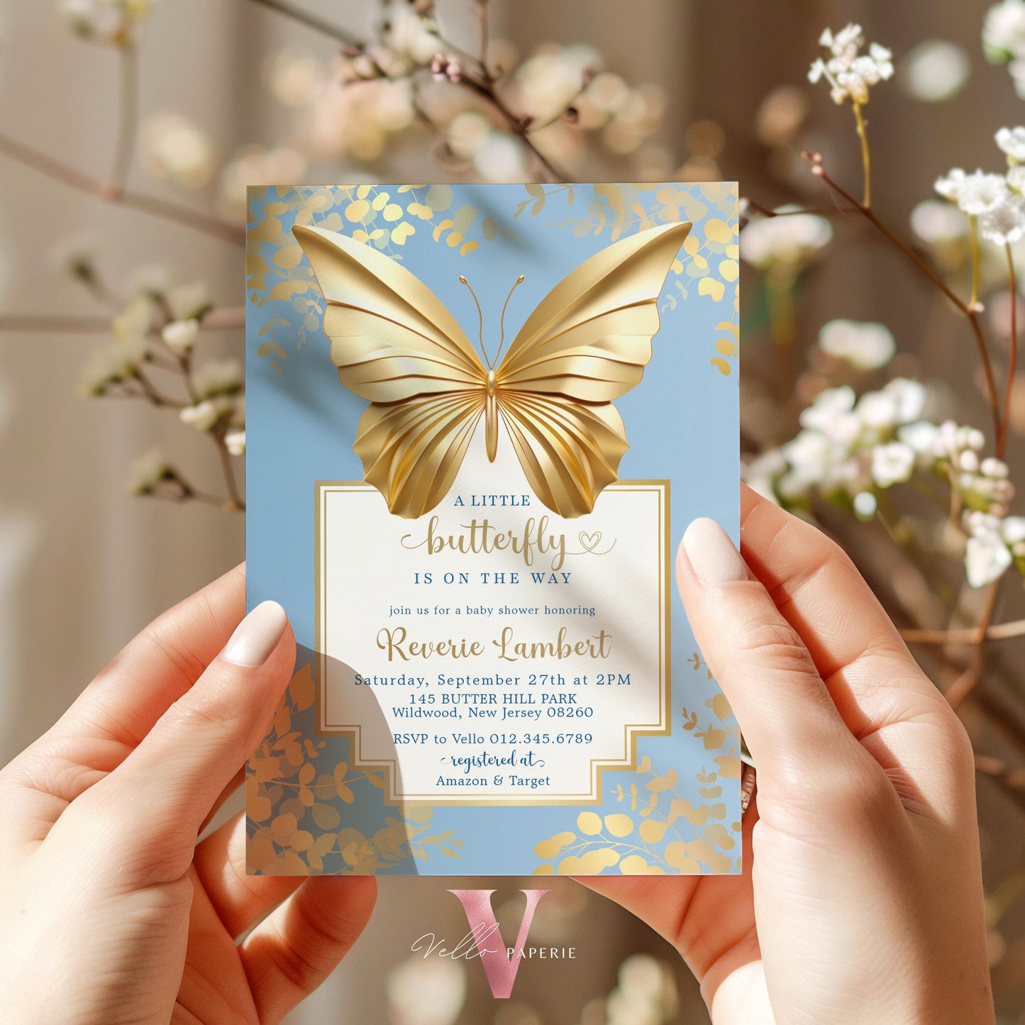 Blue Gold Butterfly Baby Shower Party Invitation | Little butterfly is on the way Baby Party Invite | Minimal Blue Gold Butterfly Template