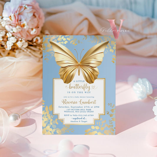 Blue Gold Butterfly Baby Shower Party Invitation | Little butterfly is on the way Baby Party Invite | Minimal Blue Gold Butterfly Template