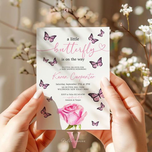 Minimal Pink Black Watercolor Butterfly Baby Shower Party Invitation | Little butterfly is on the way Baby Party Invite | Pink Rose Template