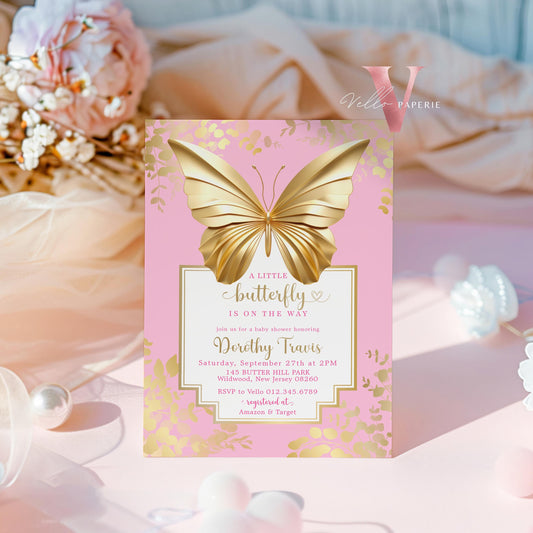 Pink Gold Butterfly Baby Shower Party Invitation | Little butterfly is on the way Baby Party Invite | Minimal Blue Gold Butterfly Template