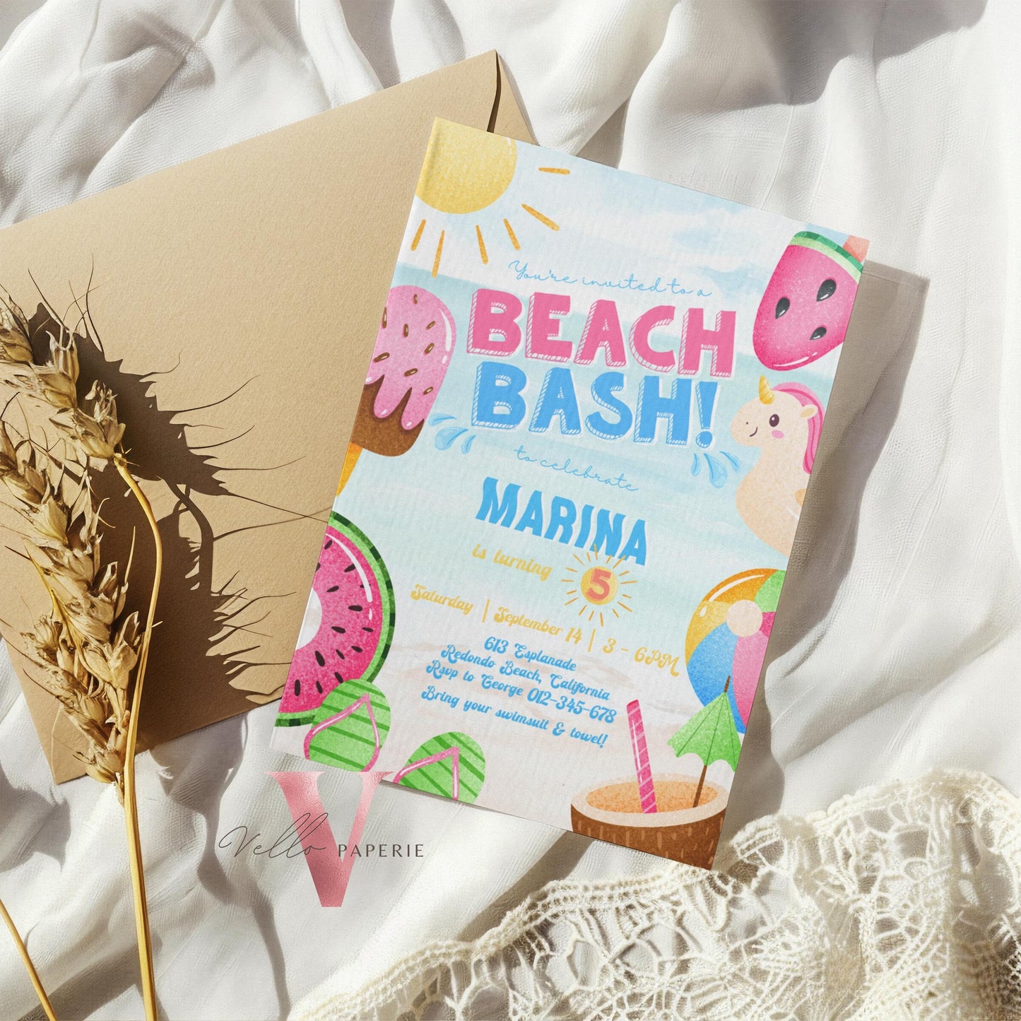 Fresh Beach Bash Birthday Party Invitation | Watercolor Summer Beach Party Invite | Vibrant Fun Beach Party Invite Teen Birthday Bash