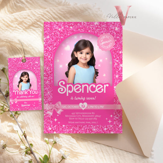 Selfie Pink Sparkle Fashion Doll Box Birthday Invitation, Editable Printable Photo Glam Pink Doll Party Invite Instant Template Download