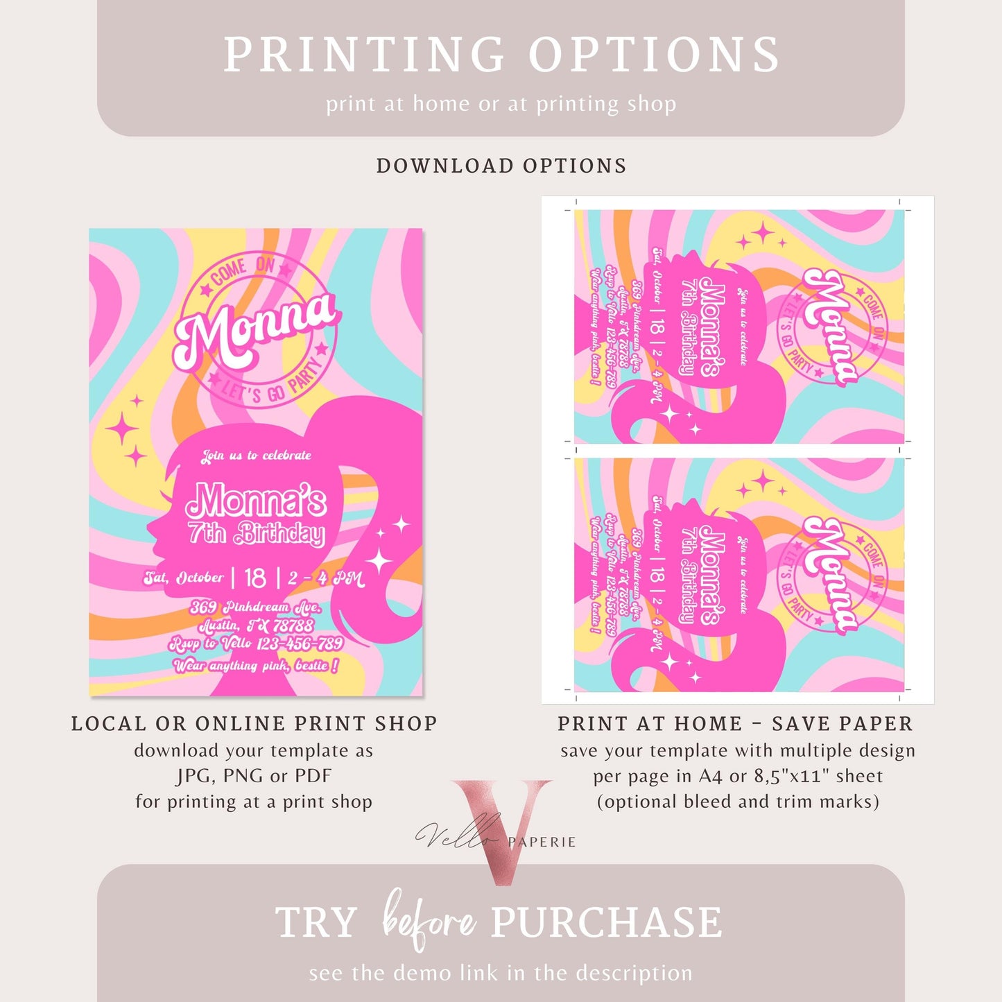 Groovy Pink Rainbow Sparkle Fashion Doll Birthday Invitation | Checkered Pink Doll Glitter Lets Go Pink Party Invite Instant Template