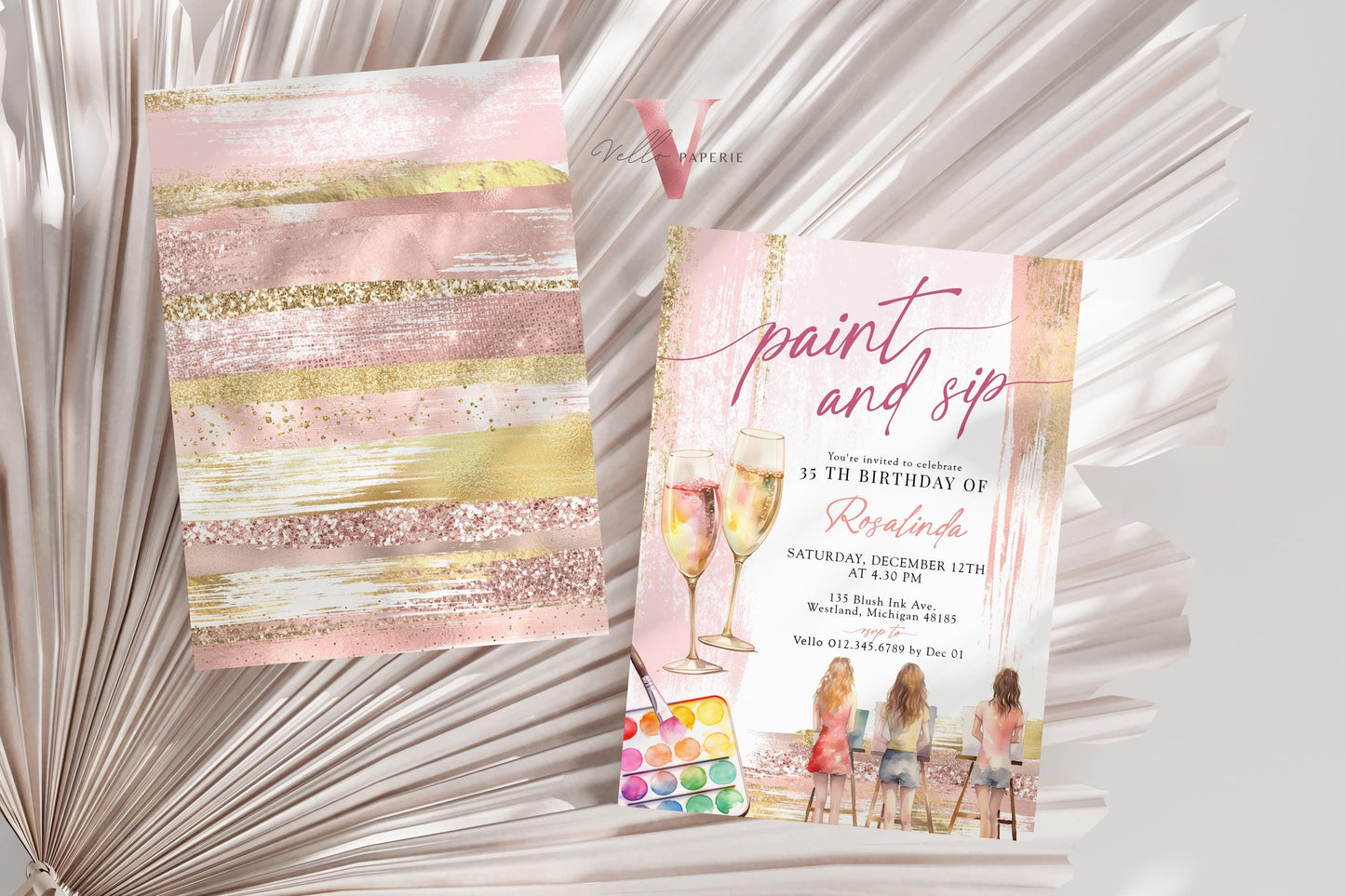 Blush Rose Gold Paint and Sip Party Invitation | Editable Adult Champagne Art Party | Wine Birthday Wine Invitation | Creative Drink Party