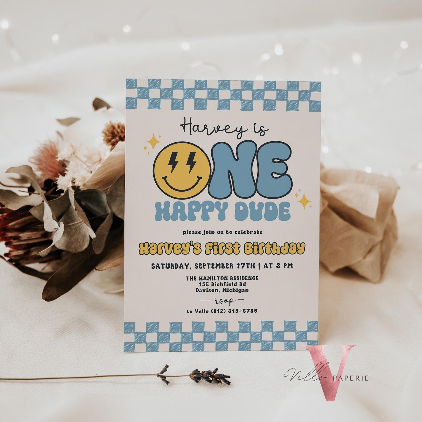 Blue Smile One Happy Dude Birthday Invitation | Editable Retro One Happy Dude First Birthday Party Invite | Emoji Face | Lighting Bolt Smile