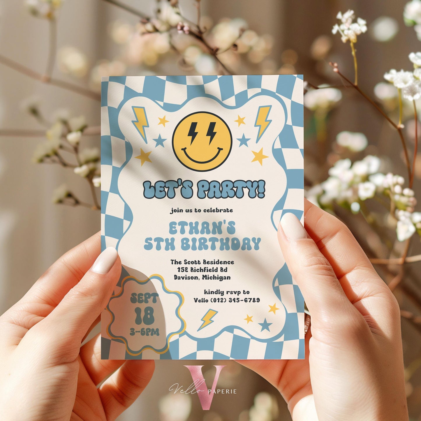 Blue Smile Face Groovy Birthday Invitation | Editable Retro Happy Dude Any Age Birthday Party Invite | Emoji Face Lighting Bolt Smile Unisex