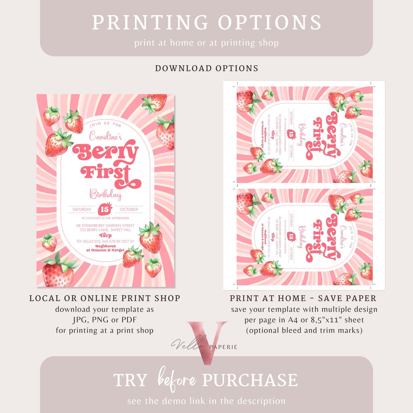 STRAWBERRY First Birthday Invitation Girl | Berry First Birthday Party Invite | Summer Girl Editable Template | Pink First Birthday Invite