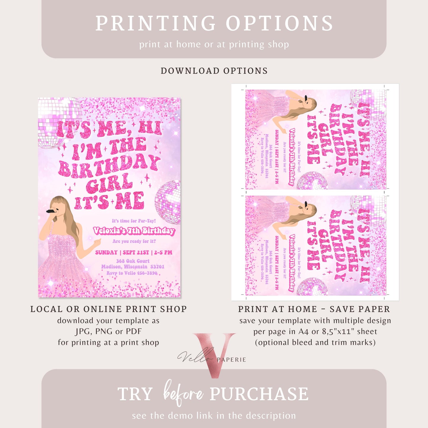 Swifti Par-Tay Birthday Party Invitation | Purple Sparkle Taylor Eras Music Party Invite | It's Me Hi, In my birthday era Instant Template