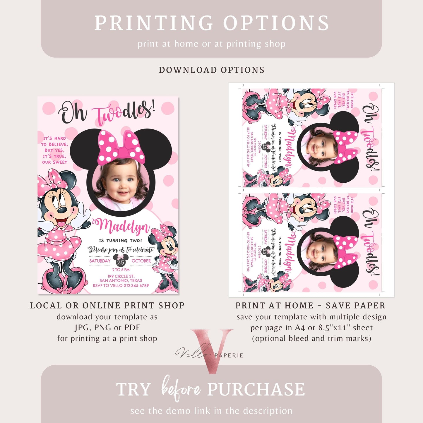 Photo Oh TWOdles Minnie Mouse Birthday Invitation | Cute Light Pink Polka Dot Invite | 2 Years Old Girl Second Birthday Instant Template