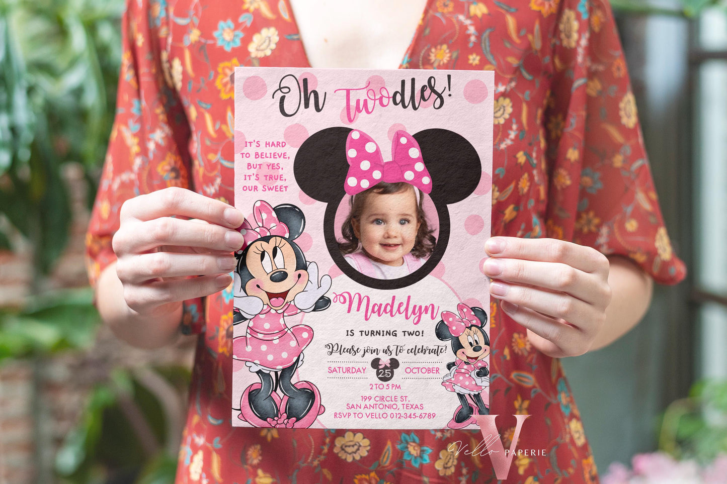 Photo Oh TWOdles Minnie Mouse Birthday Invitation | Cute Light Pink Polka Dot Invite | 2 Years Old Girl Second Birthday Instant Template