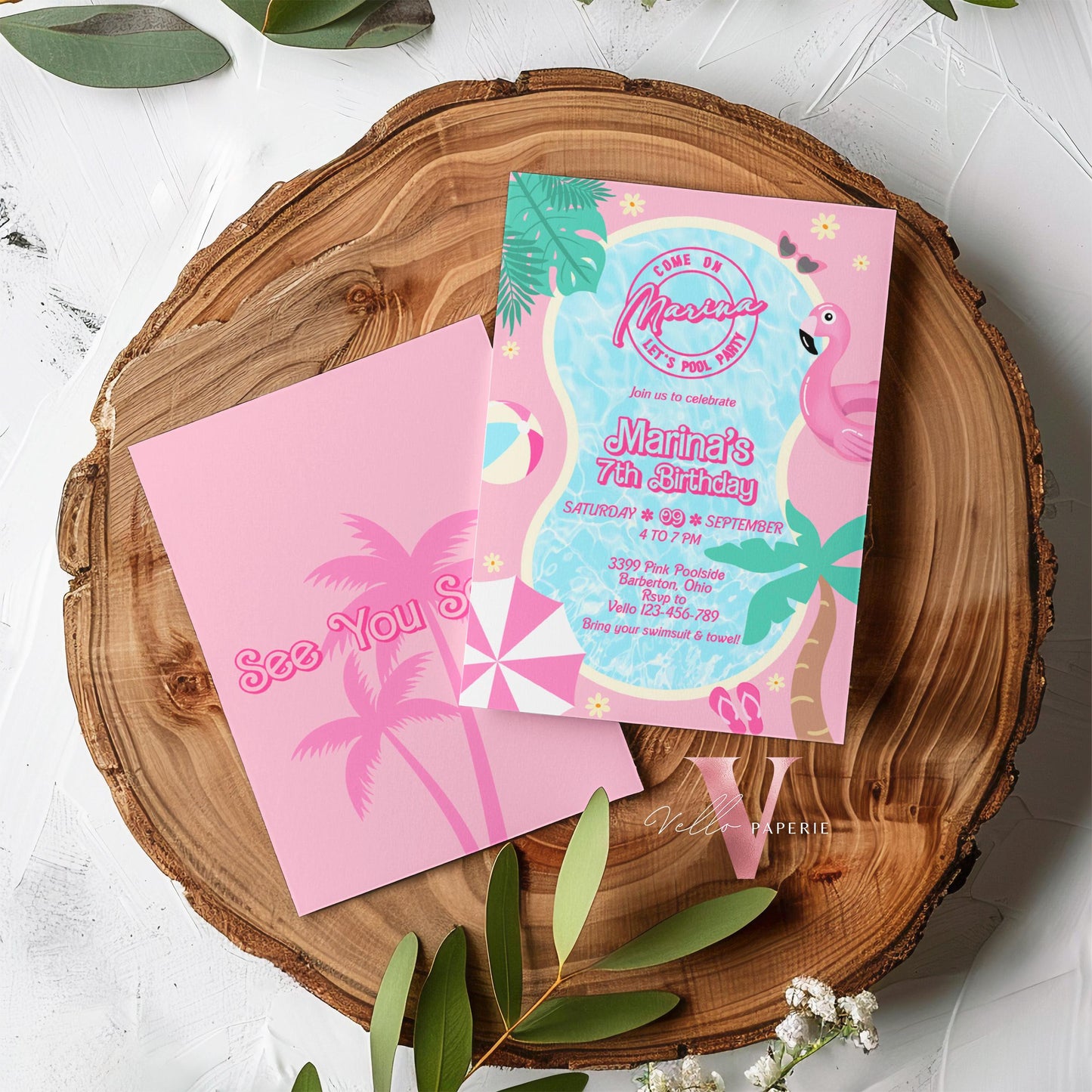 Pink Doll Pool Birthday Invitation | Editable Yourseld Malibu Pool Party Invite | Pink Blue Malibu Come On Lets Go Party Instant Template