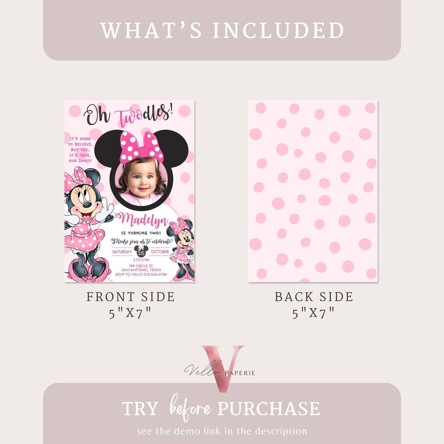 Photo Oh TWOdles Minnie Mouse Birthday Invitation | Cute Light Pink Polka Dot Invite | 2 Years Old Girl Second Birthday Instant Template