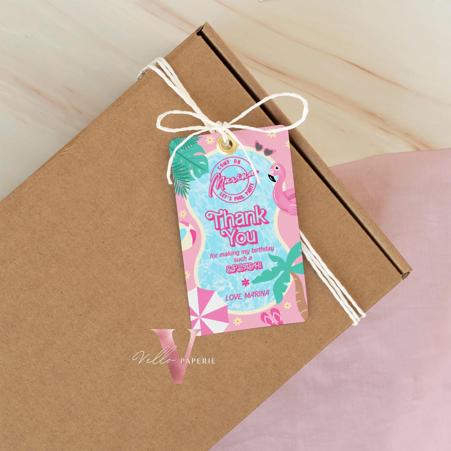 Pink Doll Pool Birthday Thankyou Card | Editable Printable Malibu Pool Party Favor Tag | Pink Blue Malibu Come On Lets Go Party Gift Tag