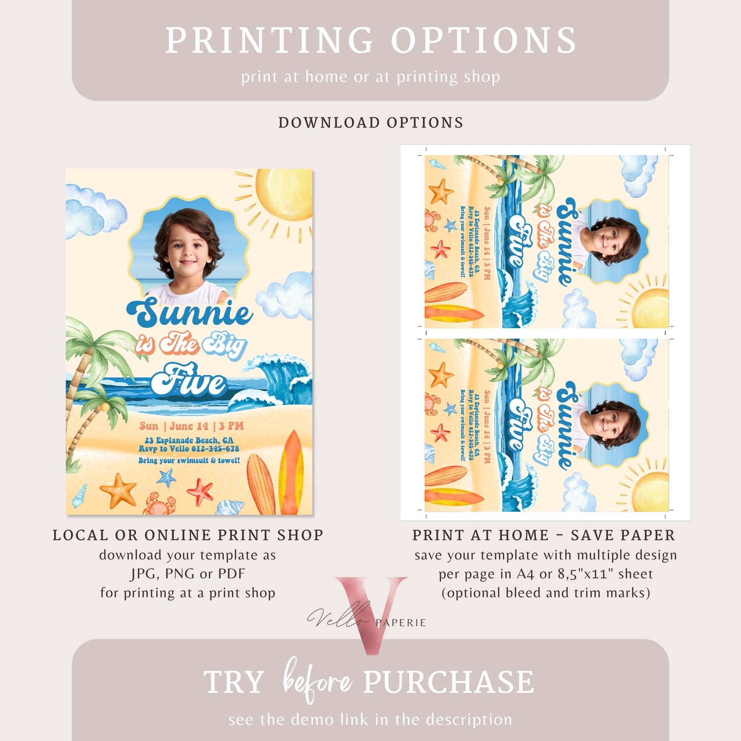 Photo Summer ANY AGE  Boy Birthday Birthday Invitation | Edit Youself Malibu Beach Party Invite | Orange Blue Beach Party Instant Template