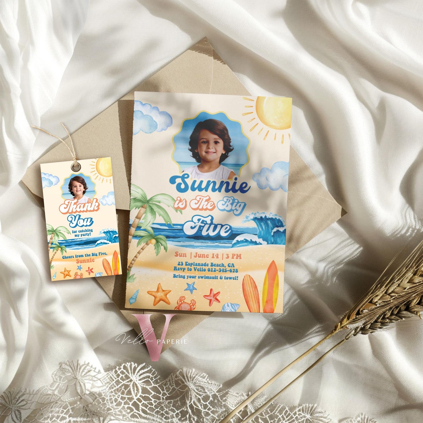 Photo Summer ANY AGE  Boy Birthday Birthday Invitation | Edit Youself Malibu Beach Party Invite | Orange Blue Beach Party Instant Template