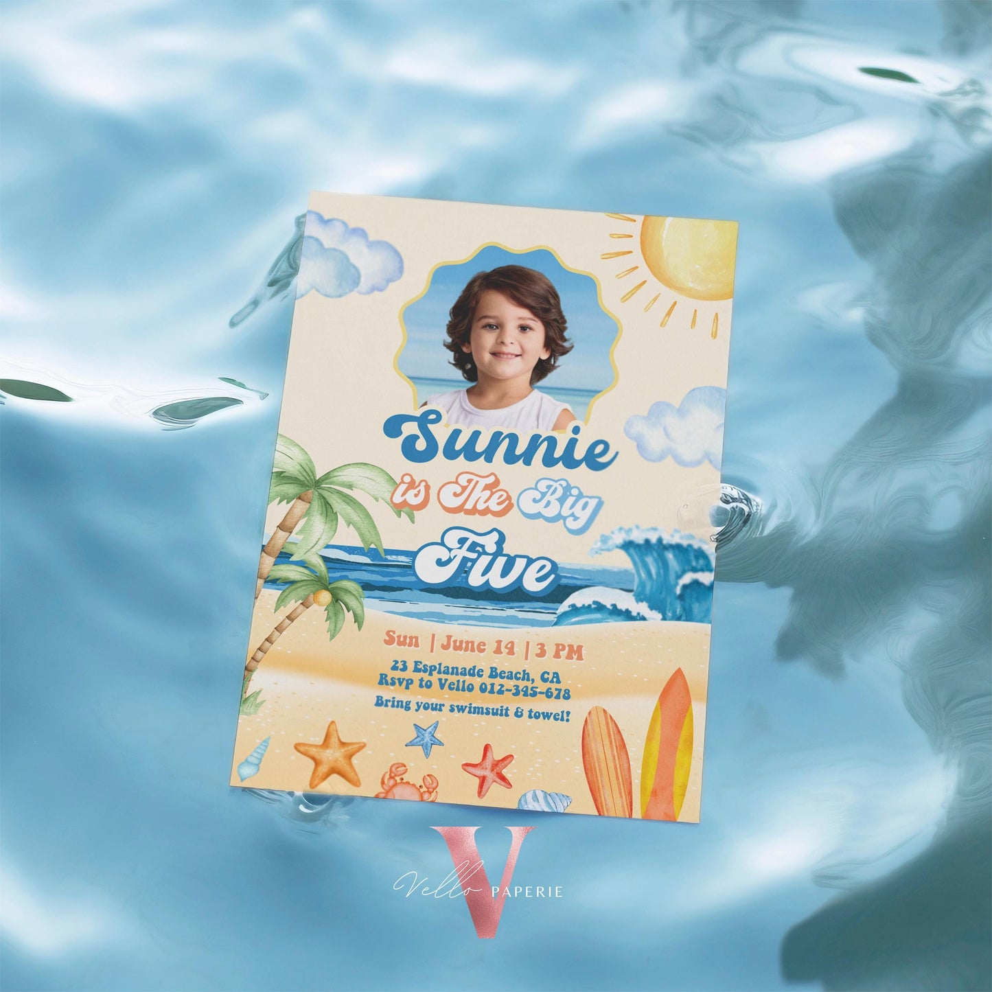 Photo Summer ANY AGE  Boy Birthday Birthday Invitation | Edit Youself Malibu Beach Party Invite | Orange Blue Beach Party Instant Template