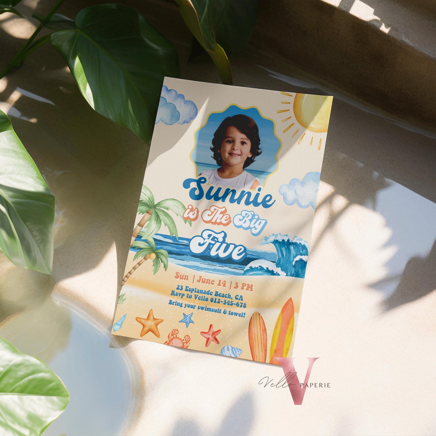 Photo Summer ANY AGE  Boy Birthday Birthday Invitation | Edit Youself Malibu Beach Party Invite | Orange Blue Beach Party Instant Template