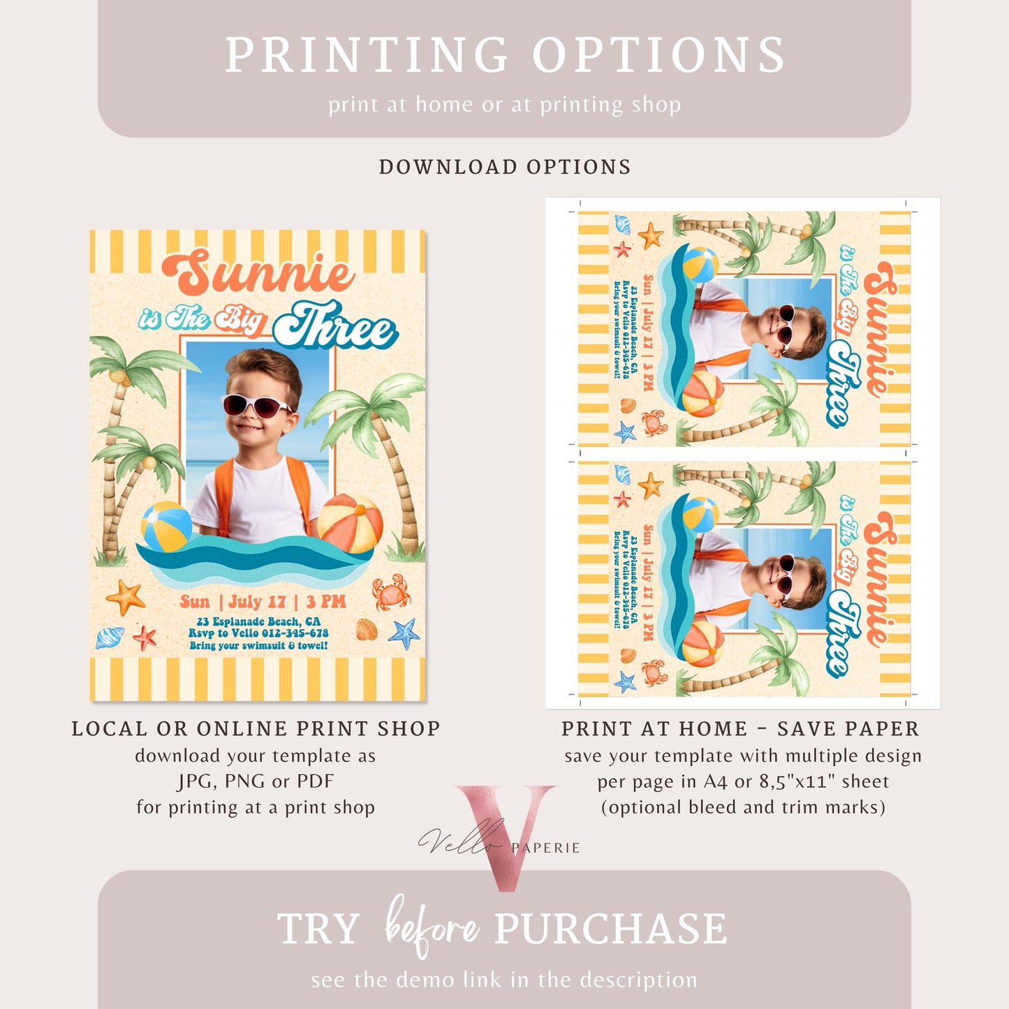 Photo Summer Boy ANY AGE Birthday Birthday Invitation | Edit Youself Malibu Beach Party Invite | Orange Blue Beach Party Instant Template