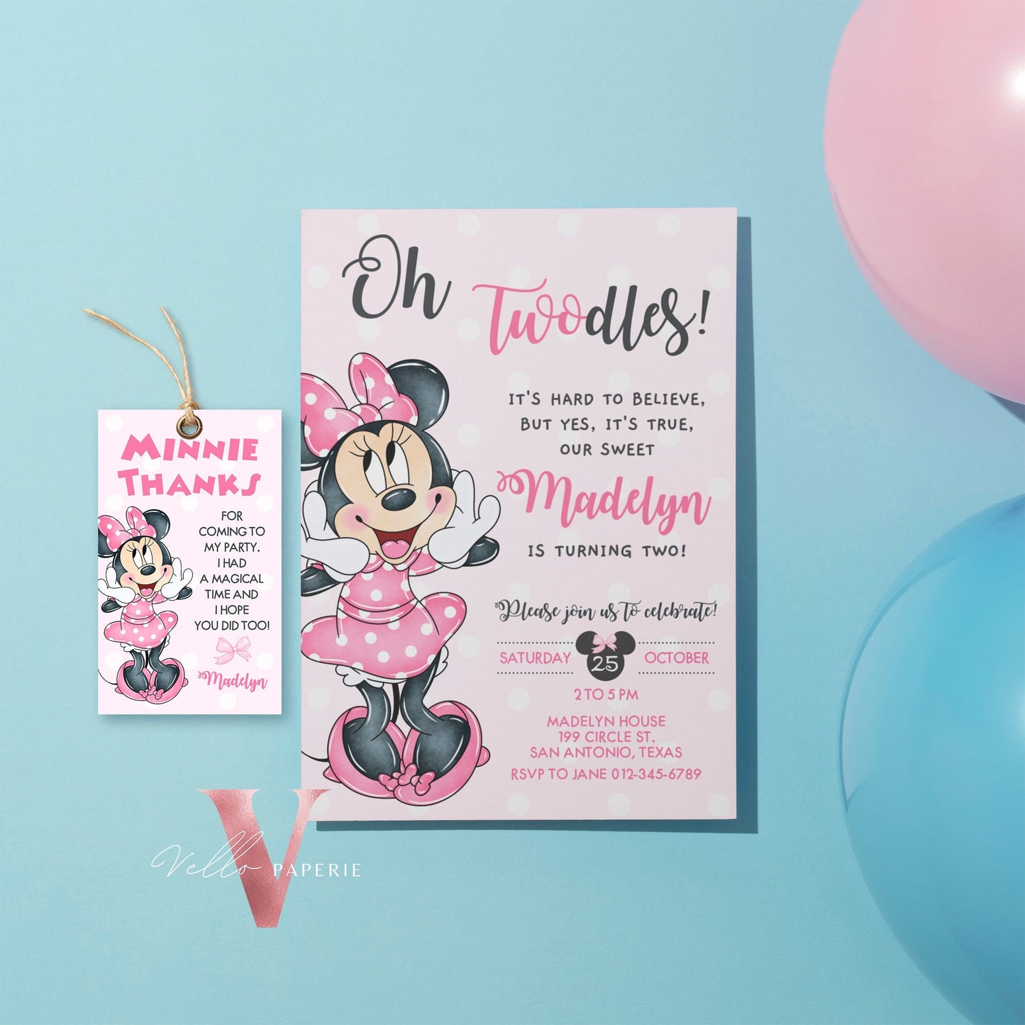 Self Editable Oh TWOdles Minnie Mouse Birthday Invitation, Light Pink Polka Dot Invite, 2 year old Girl Second Birthday Instant Download MMB01