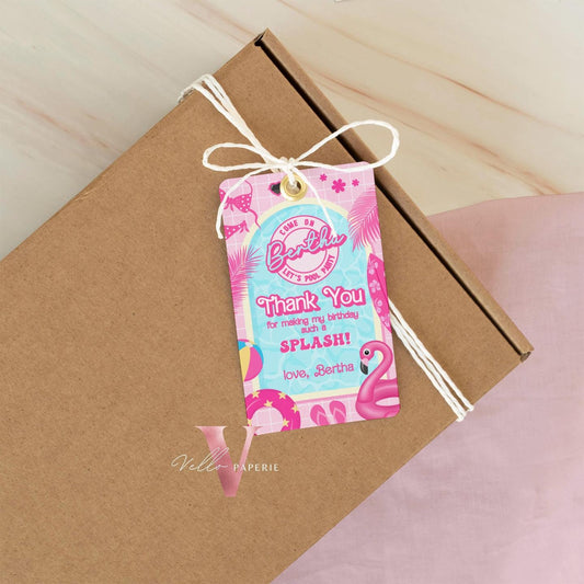 Pink Doll Pool Birthday Thankyou Card | Editable Printable Malibu Pool Party Favor Tag | Pink Blue Malibu Come On Lets Go Party Gift  PDP01