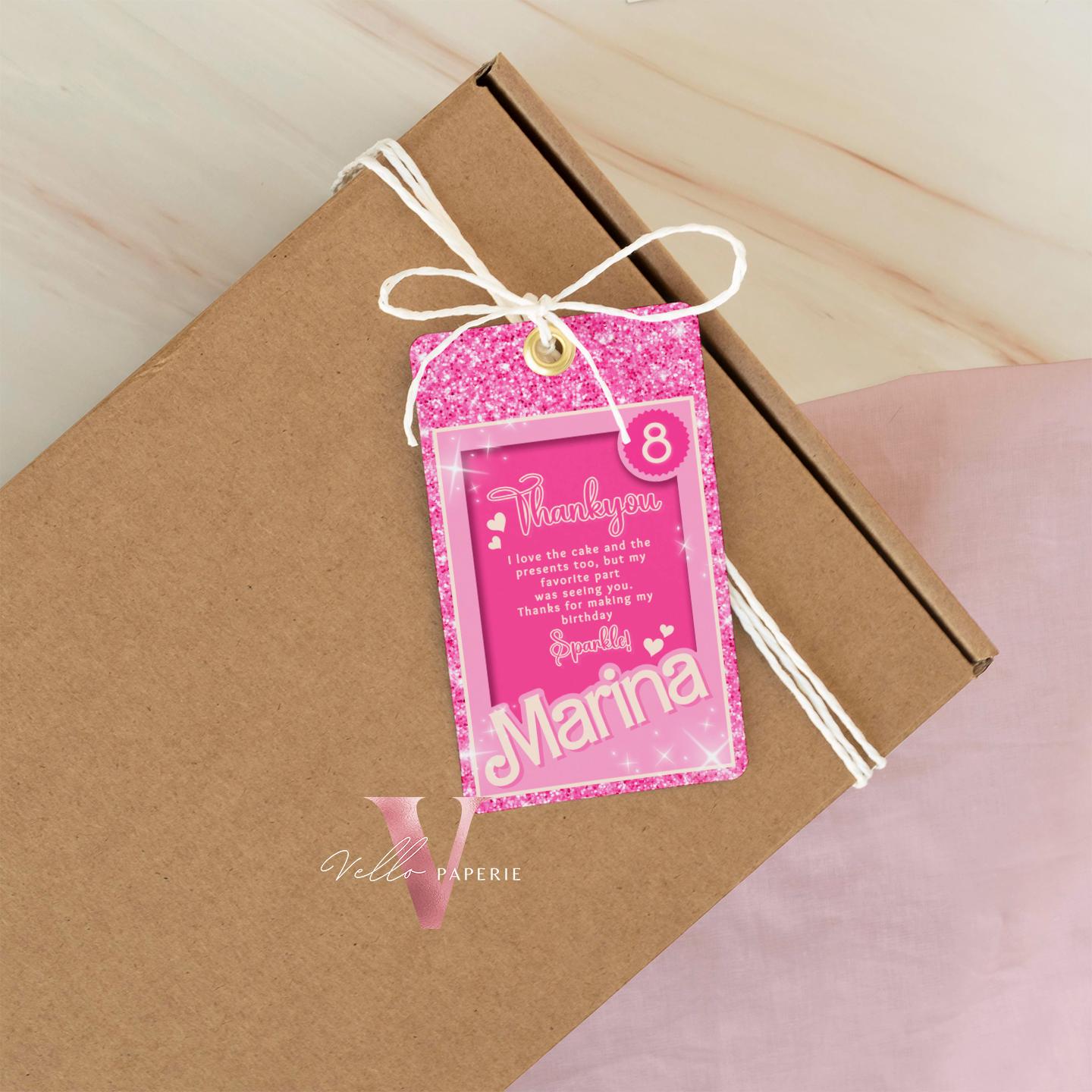 Pink Sparkle Fashion Doll Birthday Thankyou Card, Pink Doll Glitter Come On Lets Go Pink Party Favors, Gift Tag Card Instant Template