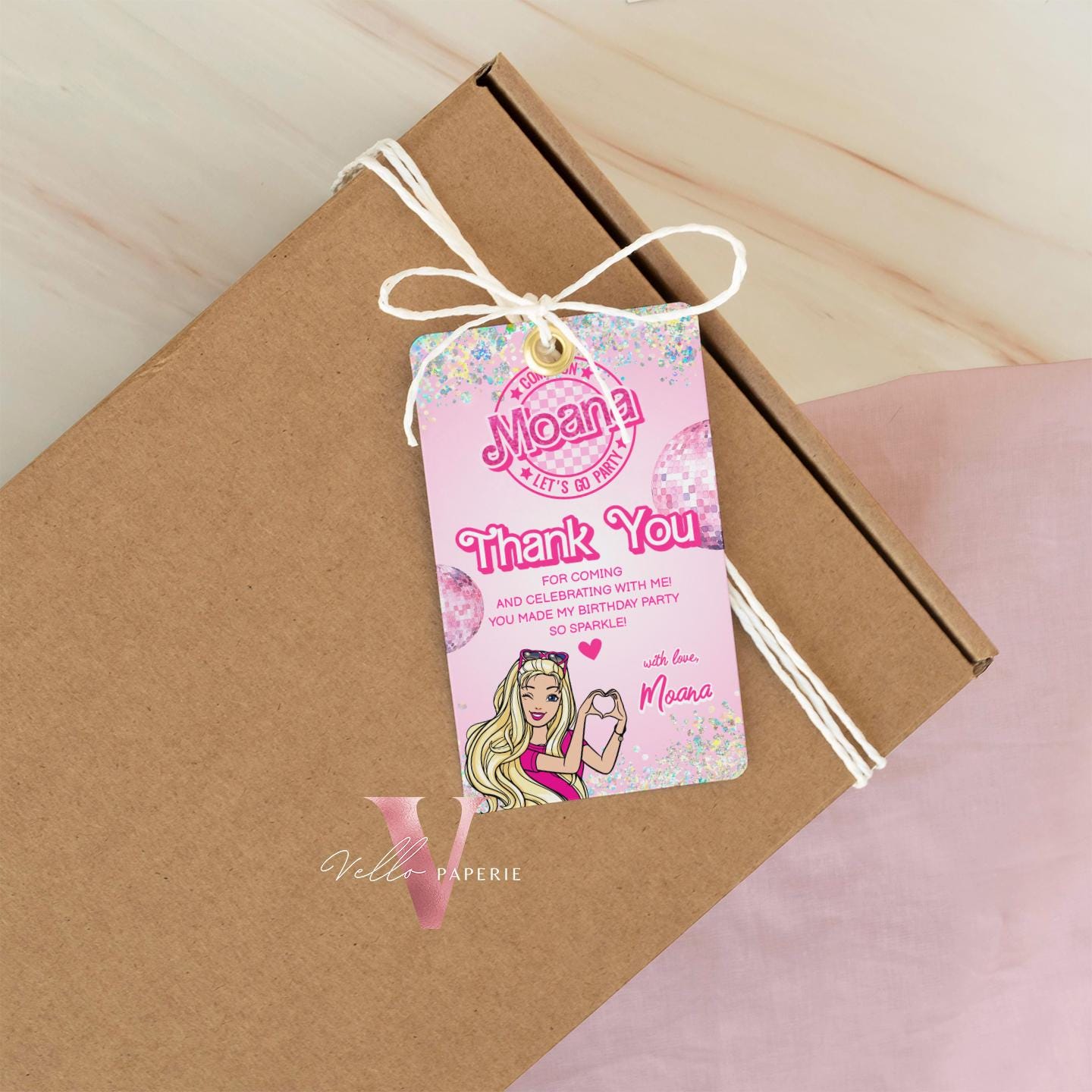 pink disco sparkle fashion doll birthday thankyou card, editable pink doll come on let's go disco party favor tag, gift tag instant download