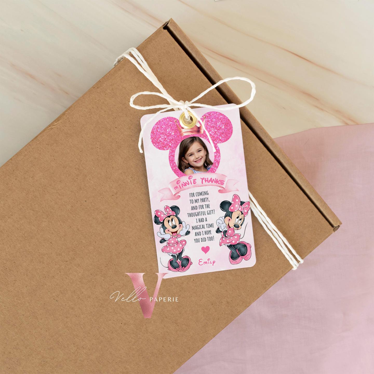 Photo Pink Minnie Birthday Thankyou Card | Editable Printable Selfie Glitter Minnie Birthday Party Favor Tag | Gift Tag Instant Download