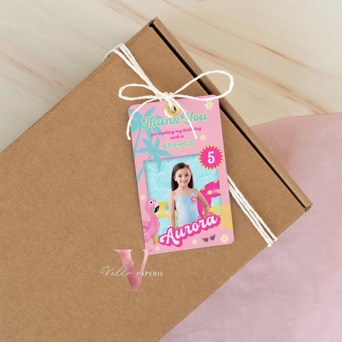 Photo Pink Doll Pool Birthday Thankyou Card | Editable Printable Malibu Pool Party Favor Tag | PinkBlue Malibu Come On Les Go Party Gift Tag