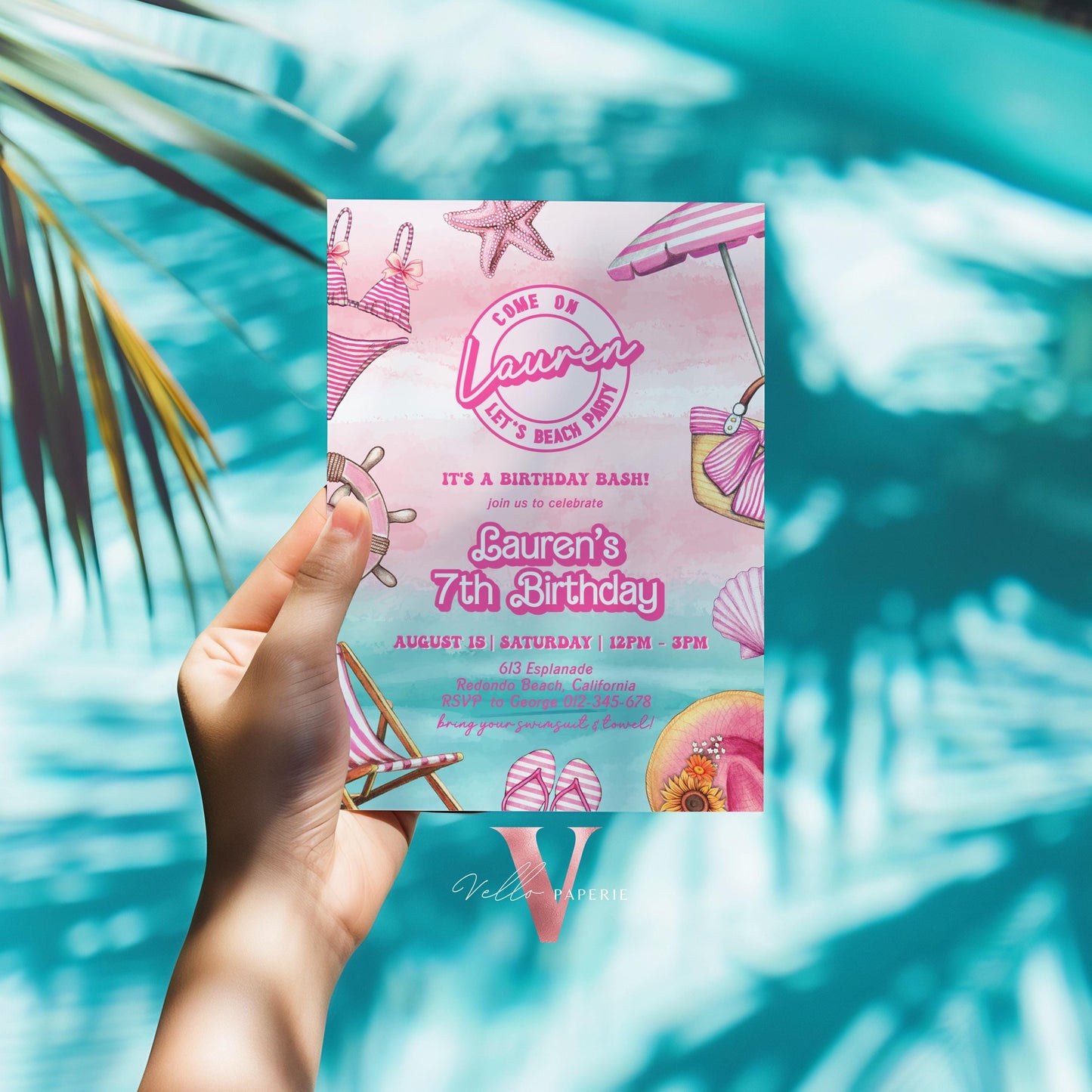 Pink Doll Beach Birthday Invitation | Editable Printable Malibu Beach Party Invite | Pink Blue Malibu Come On Lets Go Party Instant Download