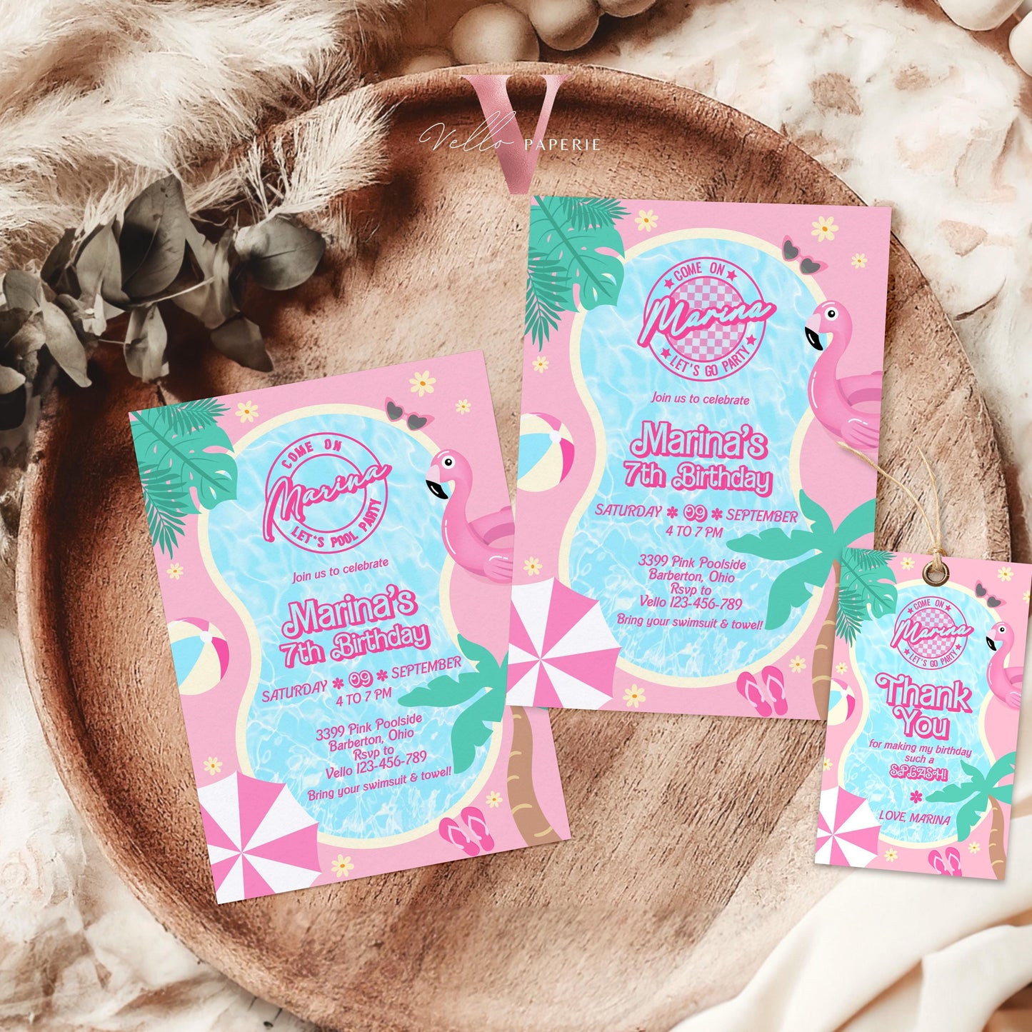 Pink Doll Pool Birthday Invitation | Editable Yourseld Malibu Pool Party Invite | Pink Blue Malibu Come On Lets Go Party Instant Template