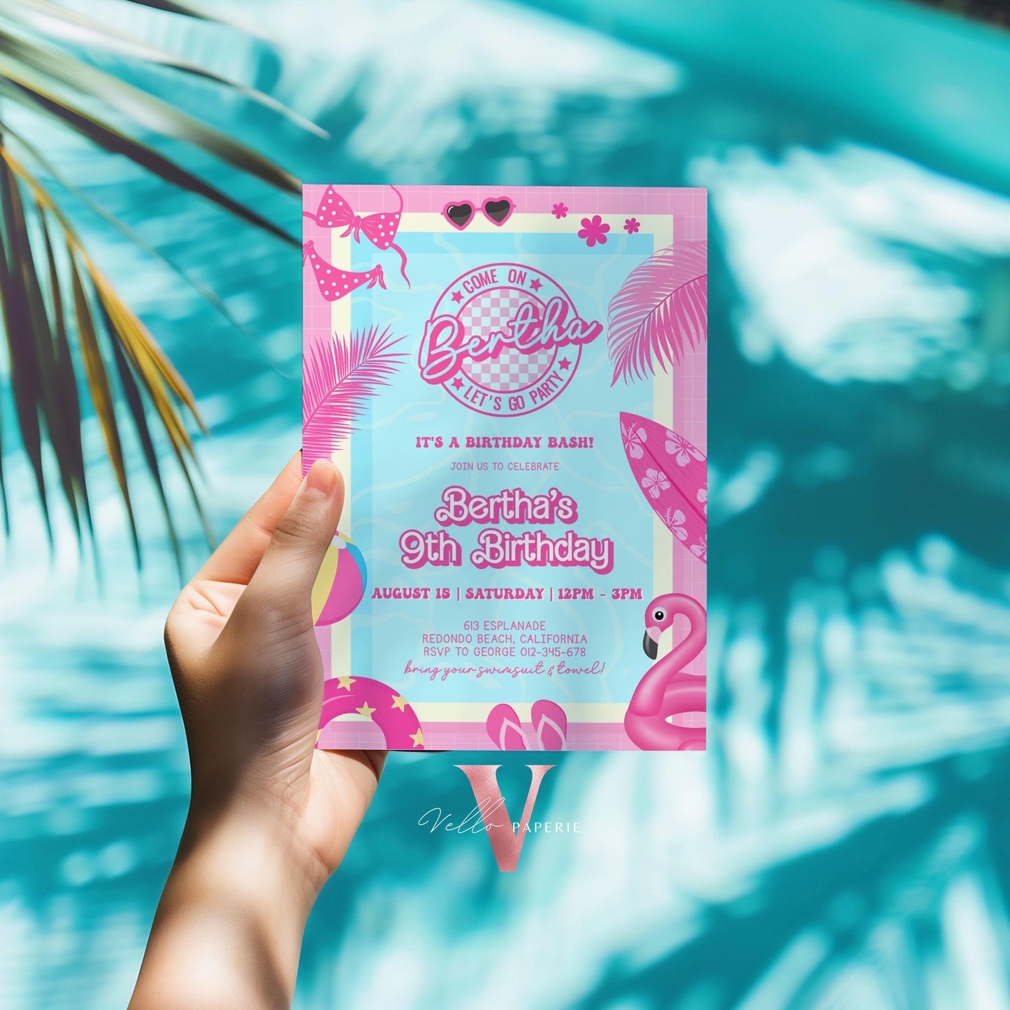 Pink Doll Pool Birthday Invitation | Editable Printable Malibu Pool Party Invite | Pink Blue Malibu Come On Lets Go Party Instant  PDP01