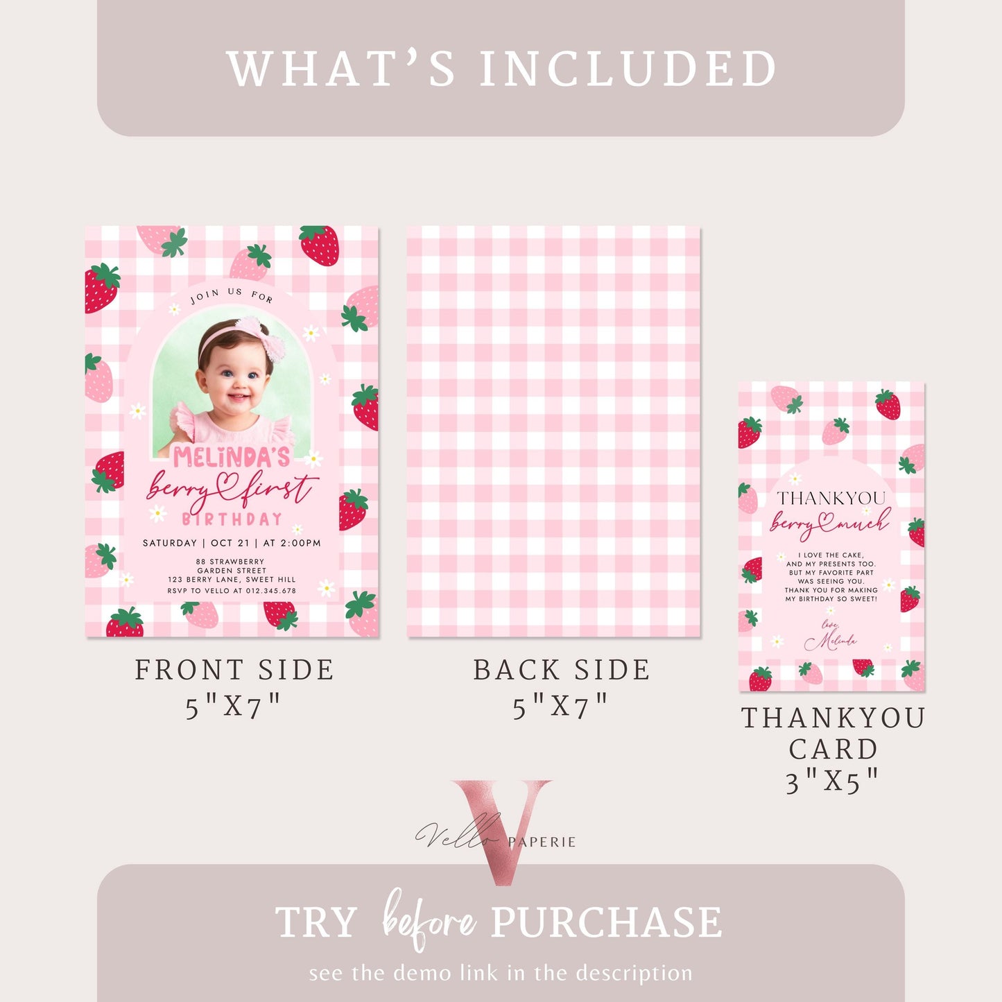 Photo Berry First Birthday Invitation Girl | Berry First Birthday Party Invite | Summer Girl Editable Template | Pink First Birthday Instant