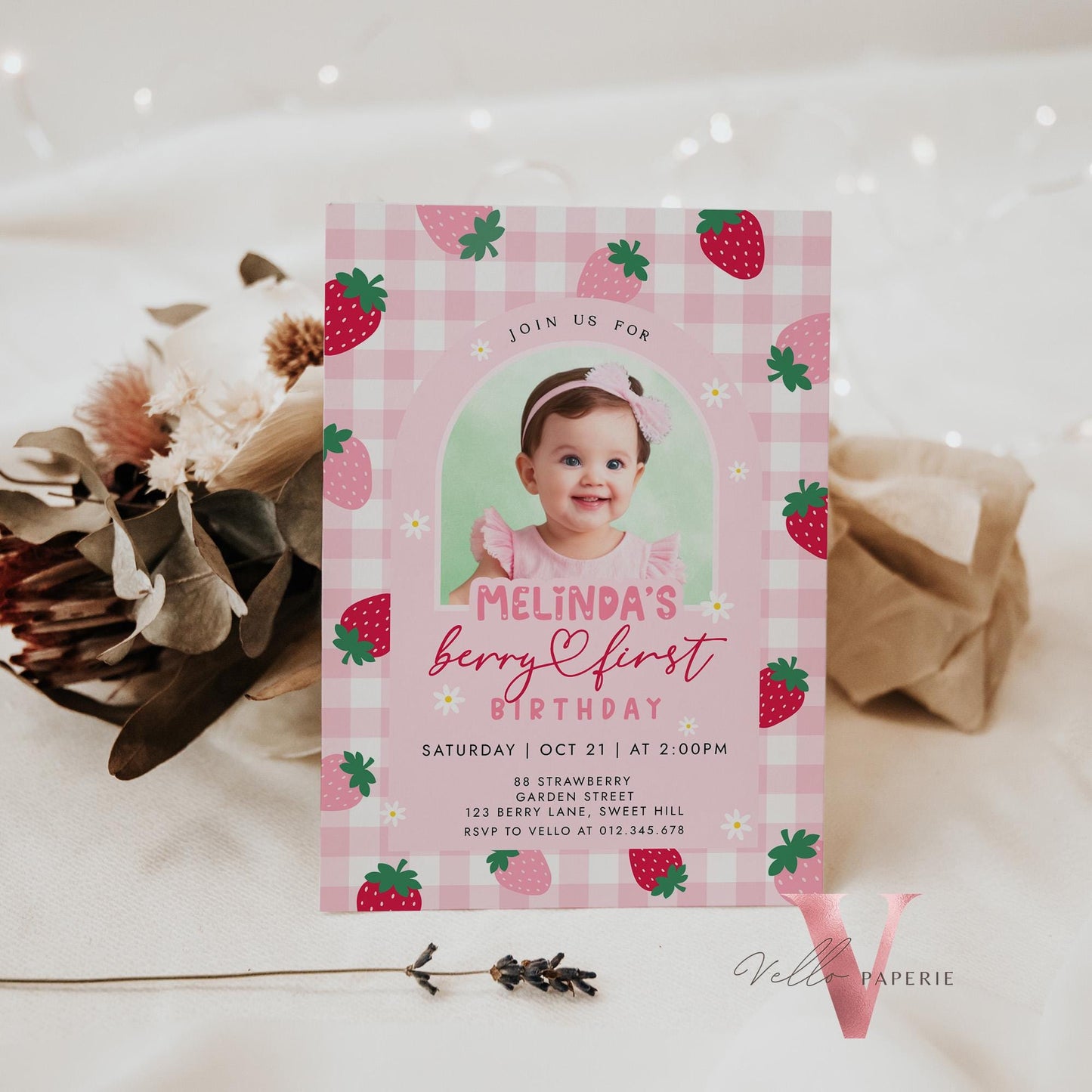 Photo Berry First Birthday Invitation Girl | Berry First Birthday Party Invite | Summer Girl Editable Template | Pink First Birthday Instant